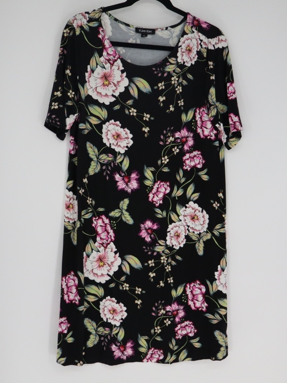 Yumi Kim Floral Dress XL Black Pink Multicolor Short Sleeve Stretch Mini Stretch